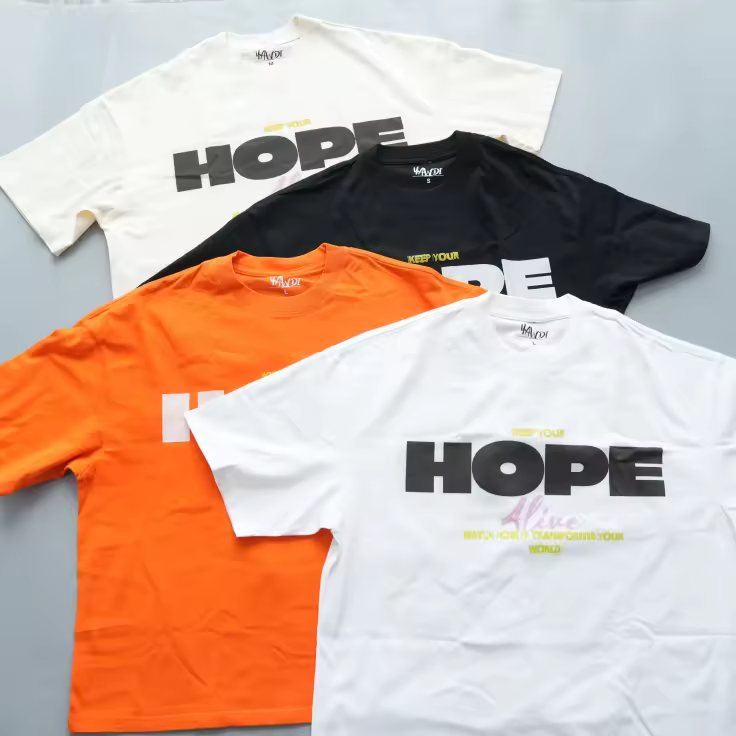 Hope boxy t shirt men front and back, White,orange,black and cream